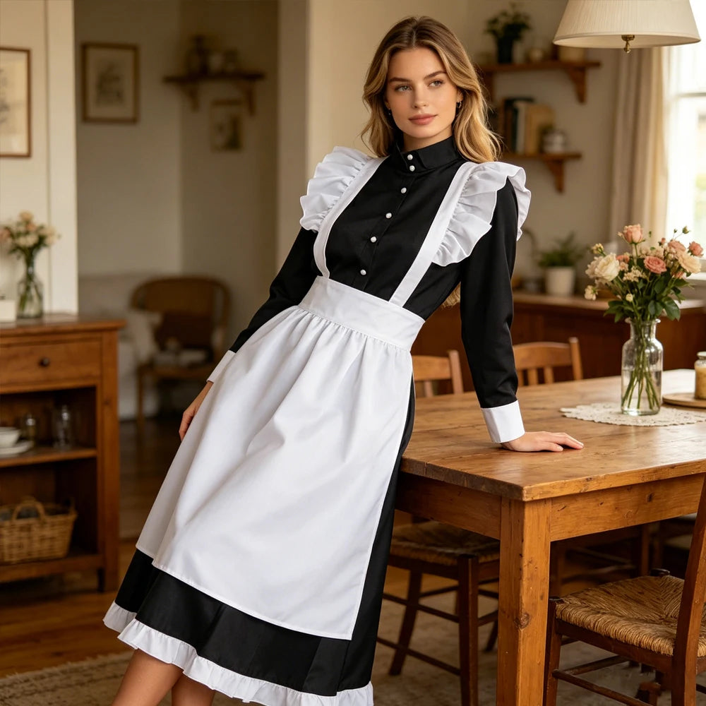 British Housekeeper Maid Costume Women Long Sleeve Button Black Dress White Ruffle Apron Vintage Maid Outfit Restaurant Cafe Uniform