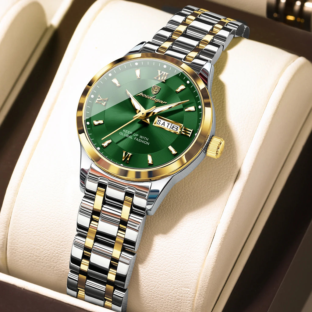 POEDAGAR Luxury Fashion Woman Watch Luminous Waterproof Stainless Steel Ladies Wristwatch Quartz Week Date Elegant Woman's Watches Male Reloj