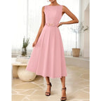 ZESICA Women Summer Sleeveless Midi Dresses 2026 Elegant Boat Neck A Line Tie Waist Spring Cocktail Party Dress