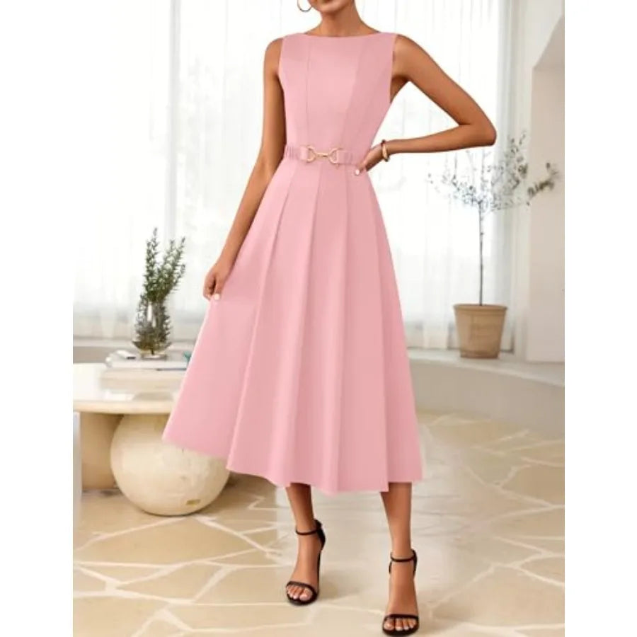 ZESICA Women Summer Sleeveless Midi Dresses 2026 Elegant Boat Neck A Line Tie Waist Spring Cocktail Party Dress