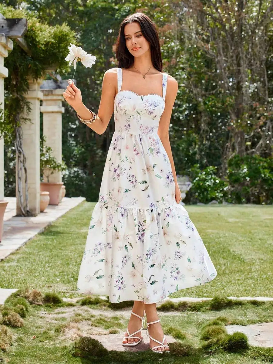 Elegant White Floral Womens Summer Cottage Core Dress For Garden Party Wedding Guest Graduation