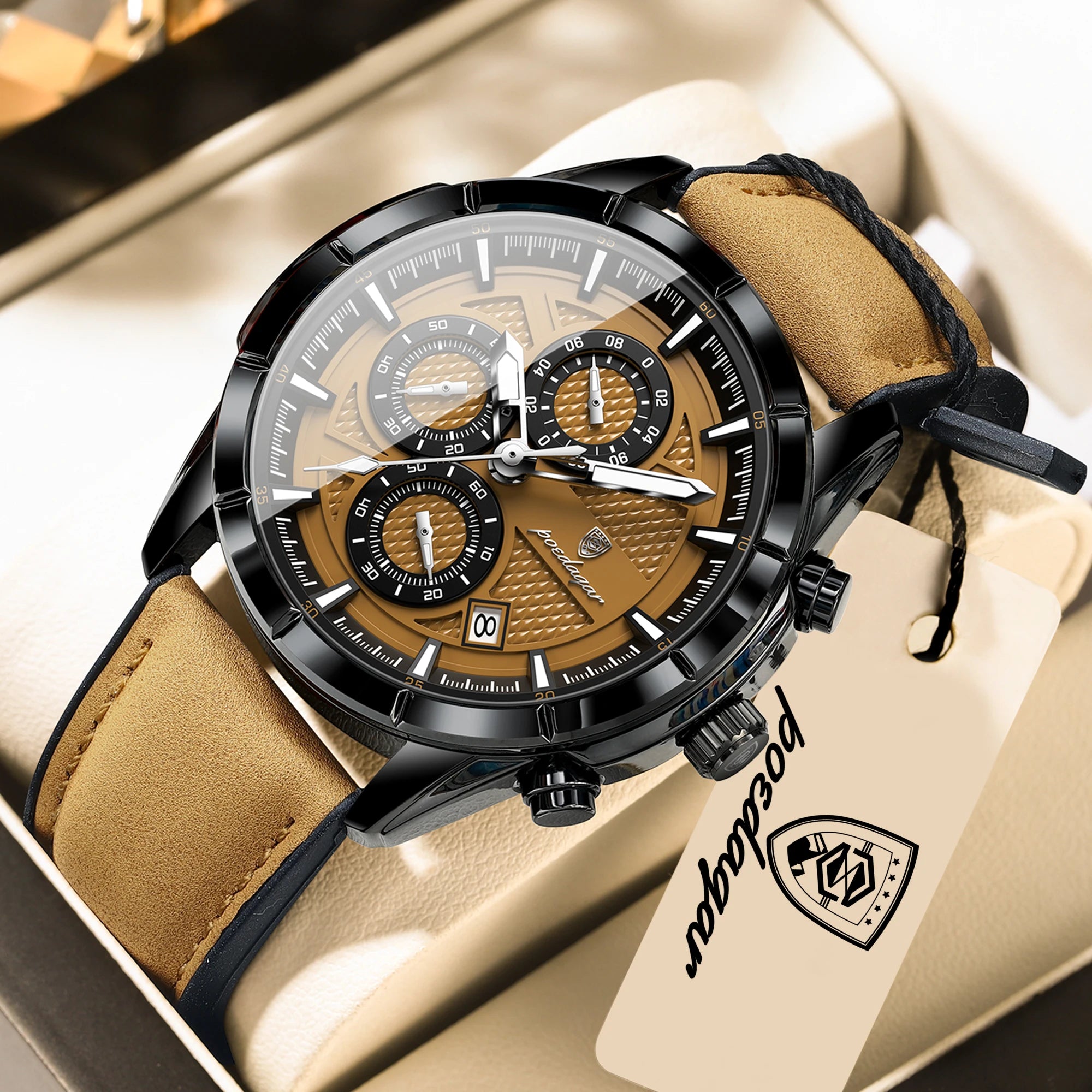 POEDAGAR Top Original Vintage Men Wristwatch Date Chronograph Fashion Leather Quartz Men's Watches Waterproof Luminous Business Man Watch High Quality Reloj