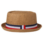 Red, white, and blue striped straw hat with rolled brim and decorative ribbon; retro casual jazz hat; unisex summer sun hat.