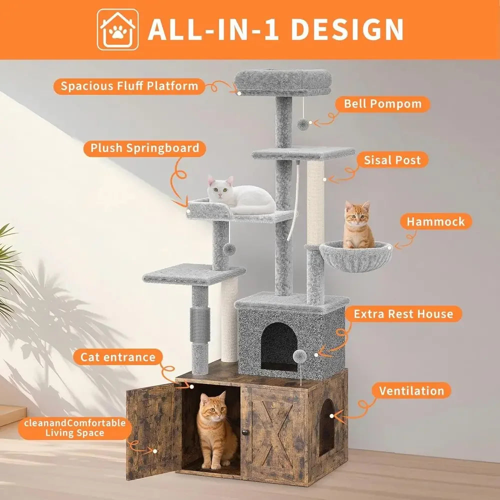 Large Multi-Level Cat Tree with Litter Box Enclosure, Play House, Hammock, Perch, Scratching Post, and Balls - Wooden Cat Furnit