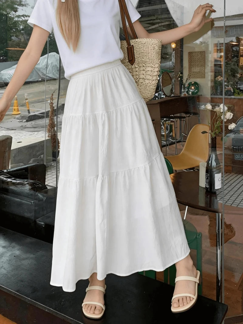 New Fashion High Waist White Long Skirts for Woman Spring Summer Harajuku A Line Cake Skirt Women Elastic Waist Party Midi Skirt
