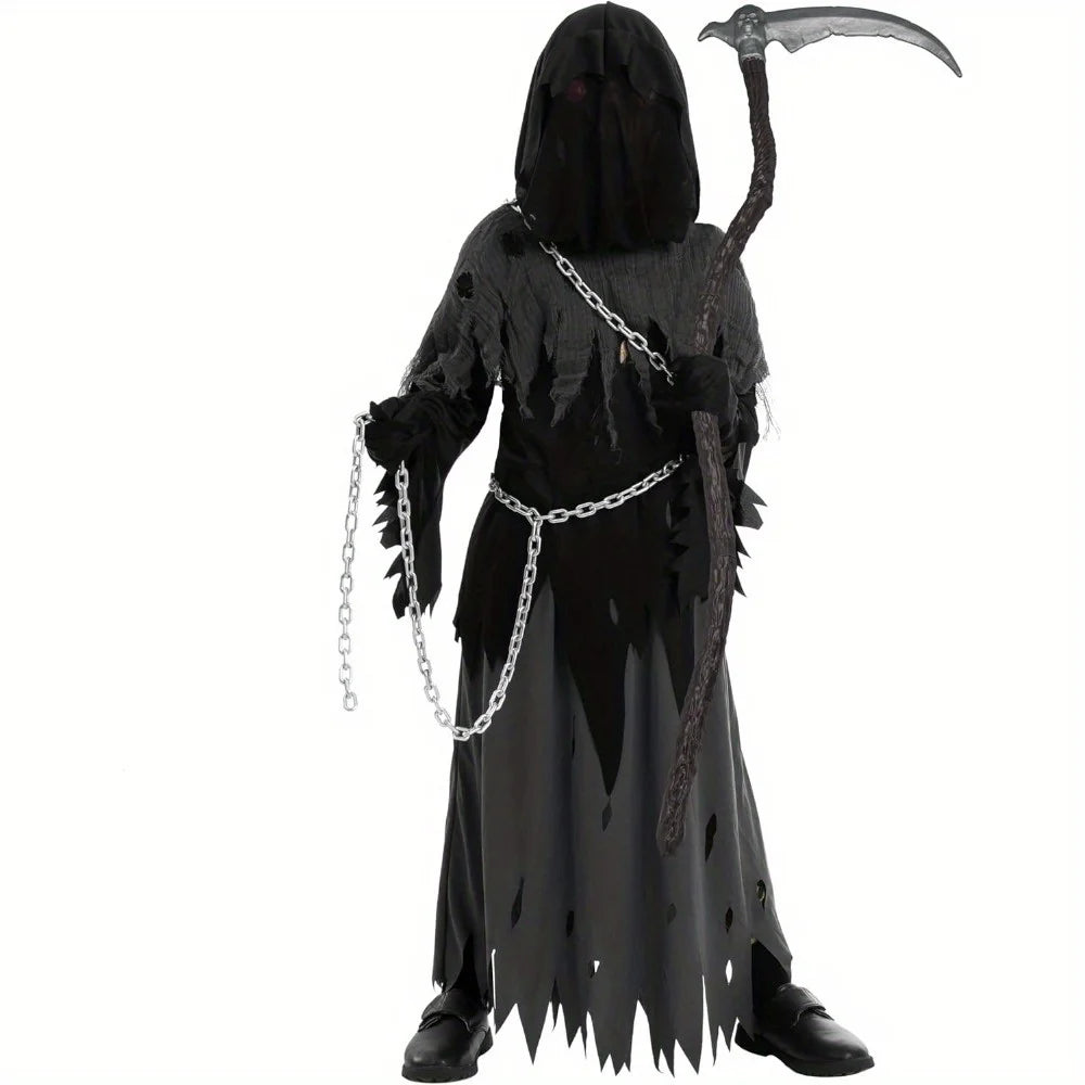 Halloween Costume Glowing Eyes Grim Reaper Costume for Kids 5-12 years Boys Halloween Dress-up Party