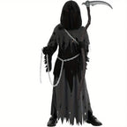 Halloween Costume Glowing Eyes Grim Reaper Costume for Kids 5-12 years Boys Halloween Dress-up Party