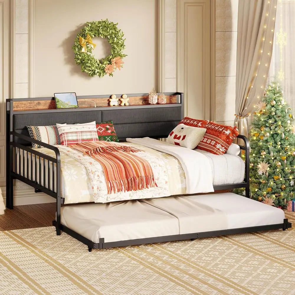 Metal Daybed with Trundle, Full Size Bed Frame, Upholstered Headboard, and Charging Station for Home, Black