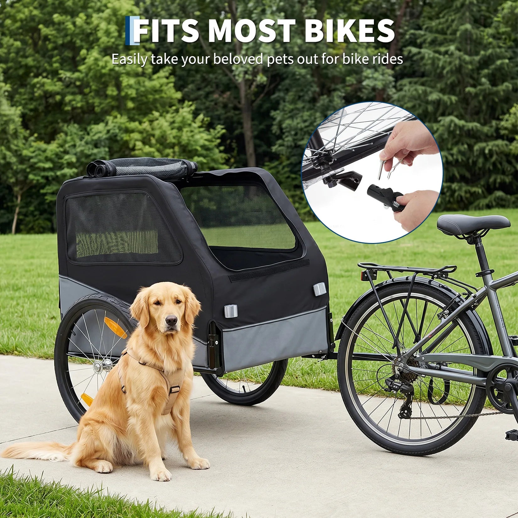 Foldable Dog Bike Trailer, Heavy Duty Steel Frame Pet Bike Carrier, 100 LBS Capacity Oxford Fabric Dog Carrier Bicycle Trailer with Mesh Window Reflectors for Medium Large Dogs & Cats, Black