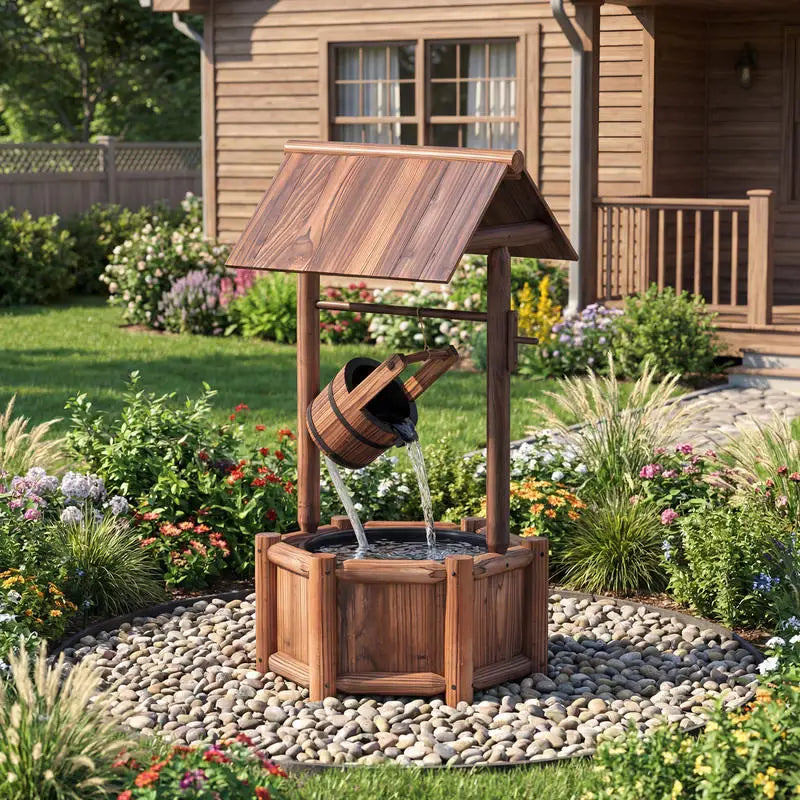 Garden Rustic Wishing Well Wooden Water Fountain with Pump