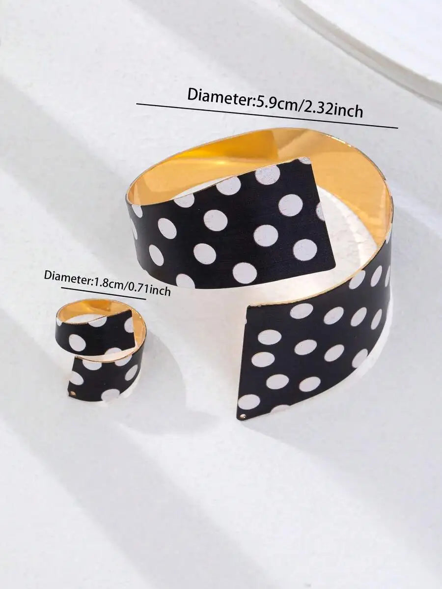 2Pcs Black White Polka Dot Jewelry Set For Women, Vintage 50s Style Open Cuff Bangle Bracelet Matching Open Ring, Retro Fashion Stackable Accessories For Daily Party Dating Photograph Gift