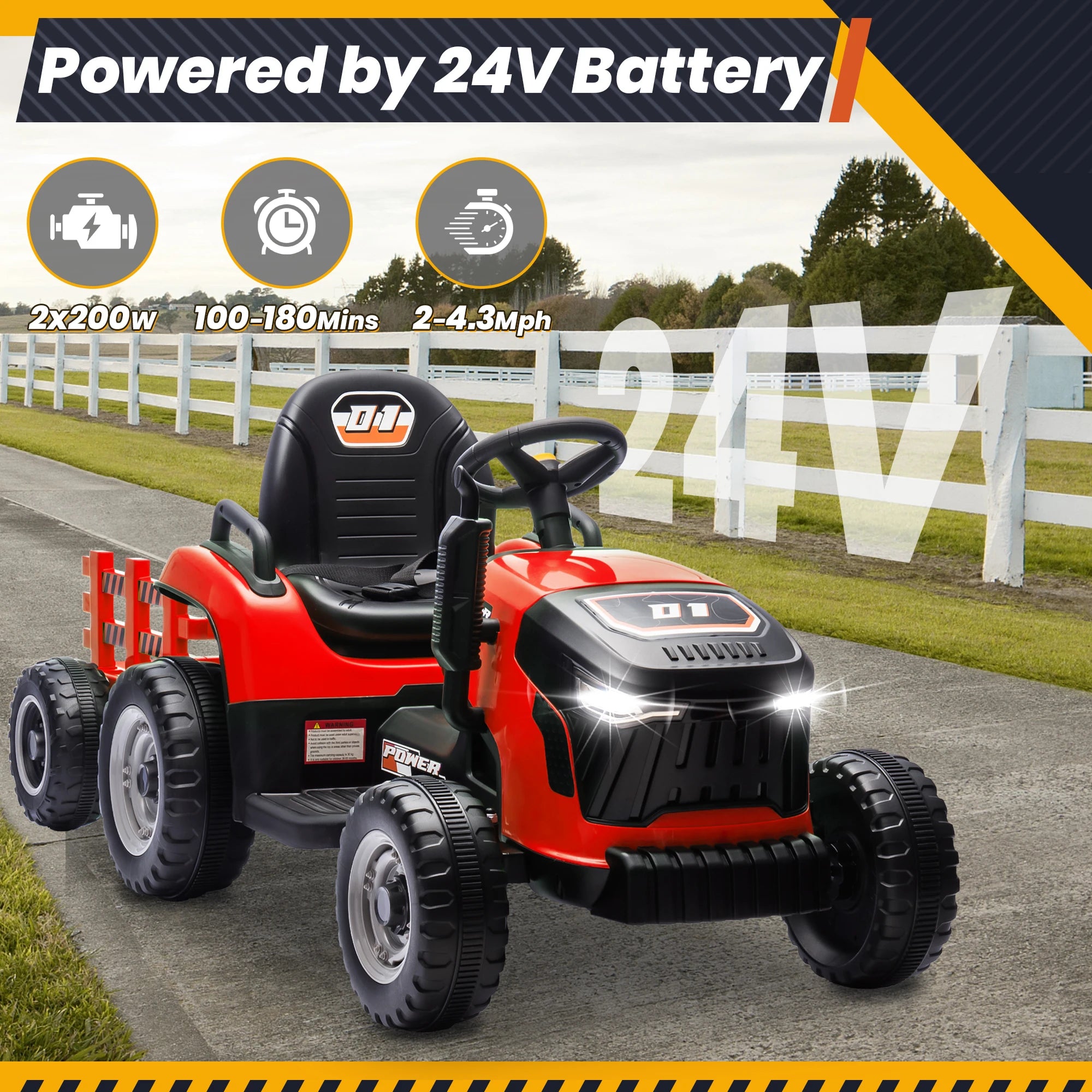 24V Kids Ride On Tractor w/400W Motors, 2-IN-1 Power Tractor Wheels w/Remote Control, Tiltable & Detachable Trailer, Adjustable Seat, Music, 24Volt Ride On Toys Electric Tractor for Kids