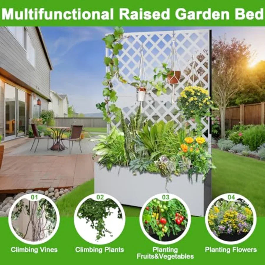 Metal Planter Box with Trellis 73"x47"x12" Raised Garden Bed with Trellis and Wheels Outdoor Garden Box with Privacy Screen and