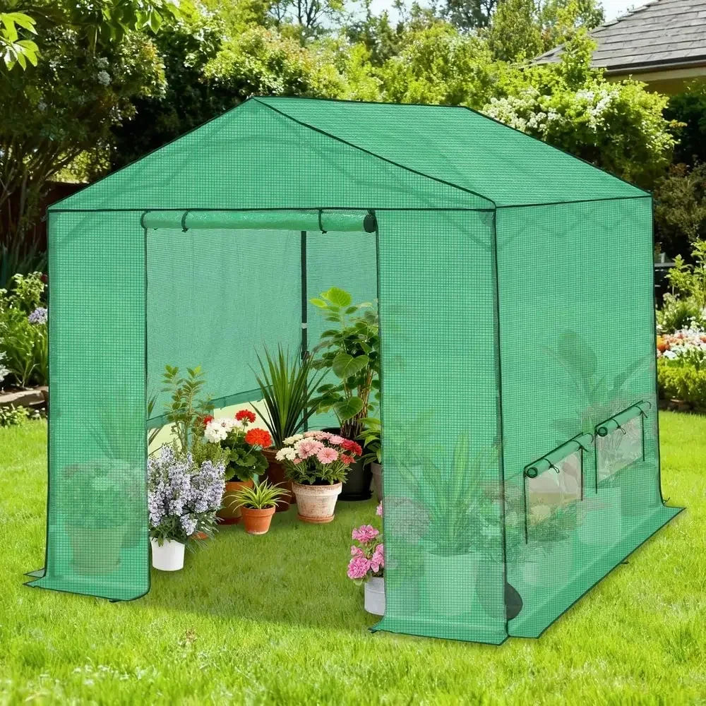 8x8 Walk-In Outdoor Garden Greenhouse with Automatic Ventilation, Zippered Doors & Windows, Green PE Cover