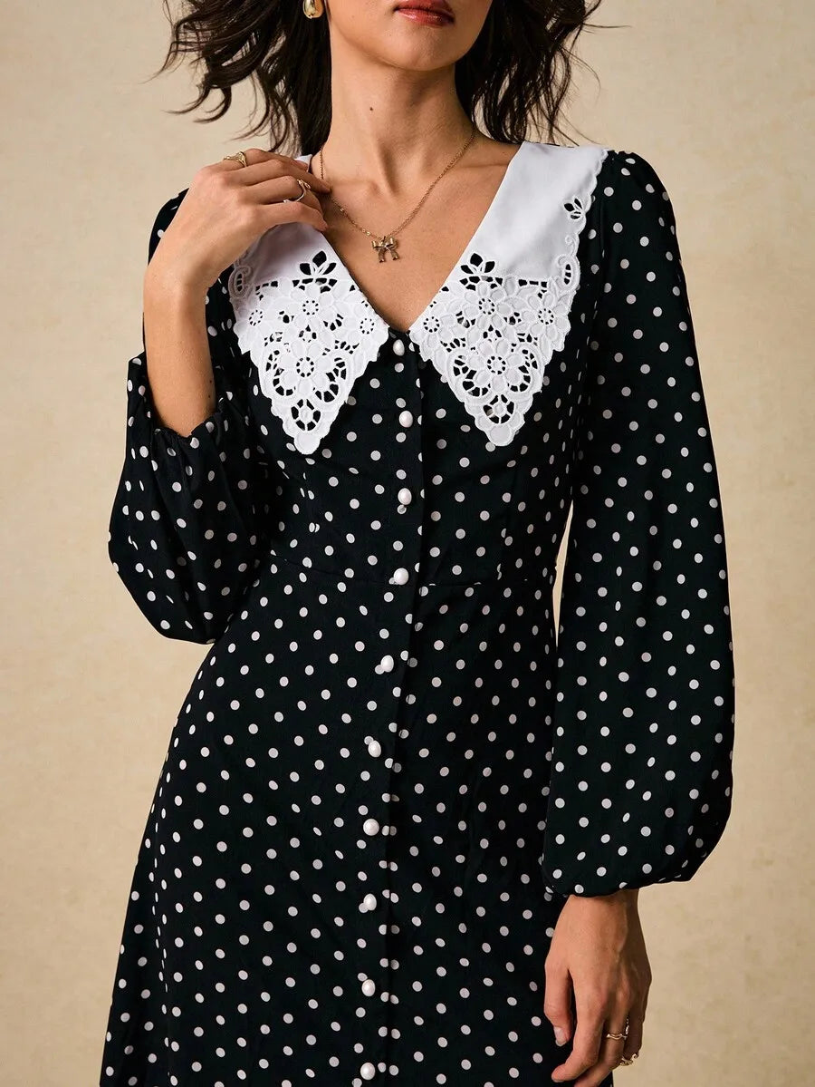 Womens Black White Polka Dot Button Front Midi Dress Lace Peter Pan Collar Long Sleeve Vintage Tea Party Dress