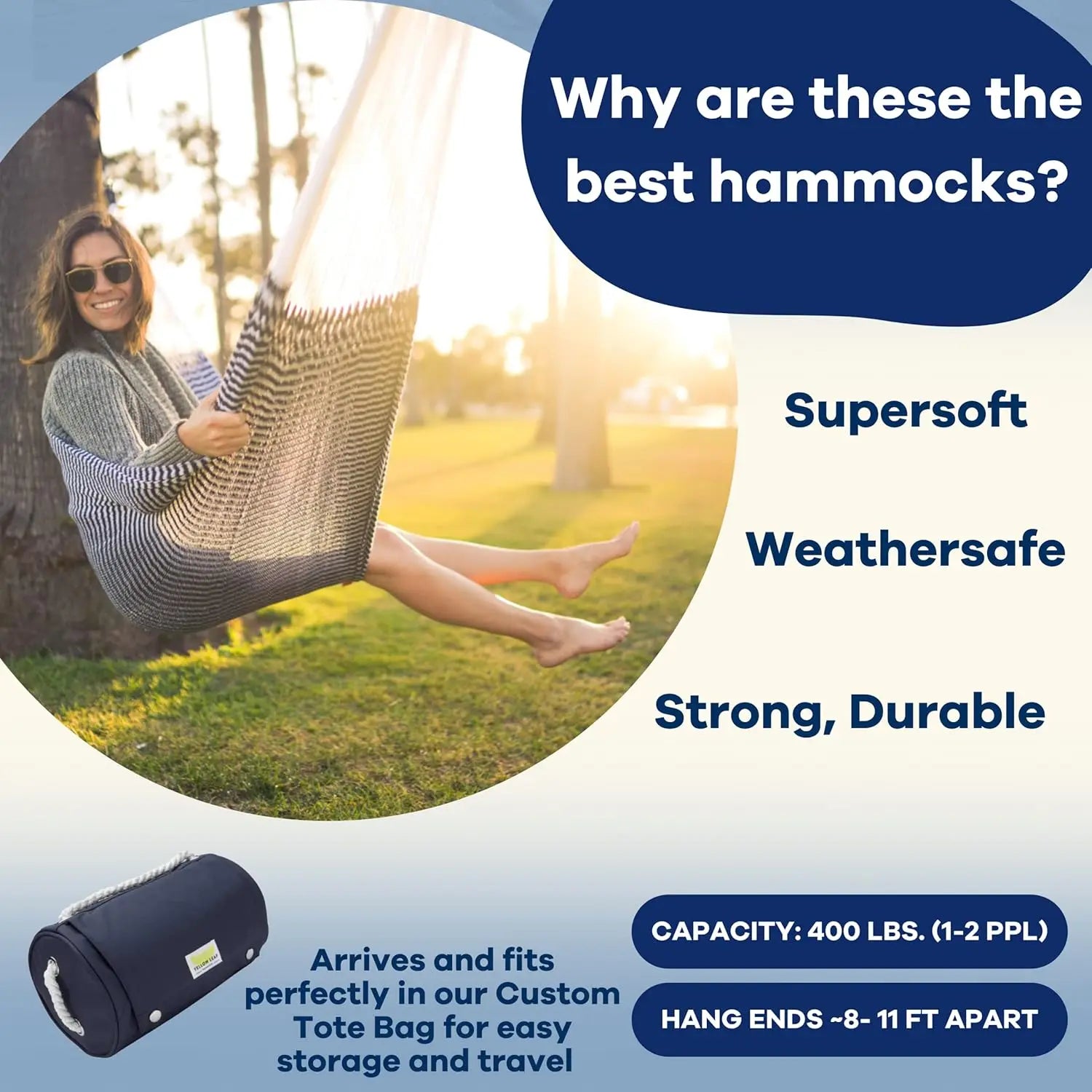 Stripe Navy Blue - White Handwoven Double Hammock, Fits 1 - 2 PPL, 400lb Max, Weathersafe & Ultra Soft