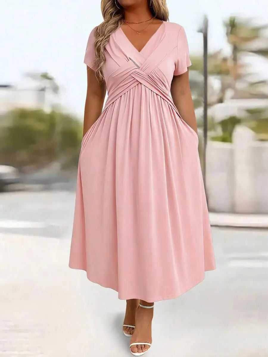 Plus Size Casual Solid V-Neck Cinched Waist A-Line Midi Dress With Pockets For Summer