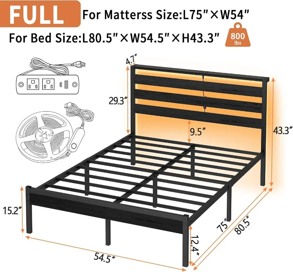 14 Inch Full Size Metal Platform Bed Frame with Headboard, LED & USB Charging, Steel Slats, No Box Spring Needed