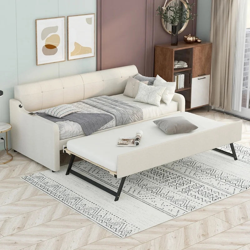 Beige Upholstered Daybed with Convertible Trundle and USB Charging Port