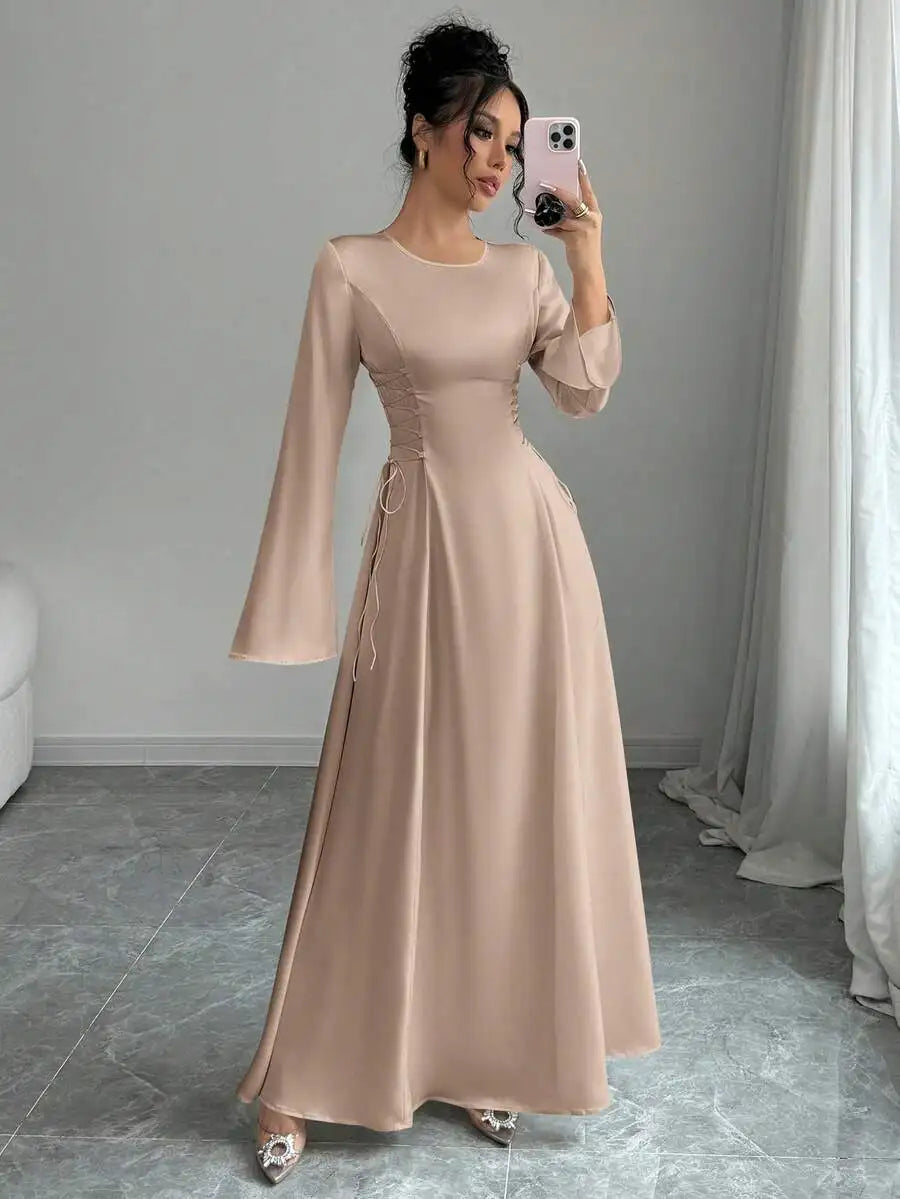 Elegant Ivory A-Line Satin Maxi Dress With Cinched Waist And Flare Sleeves