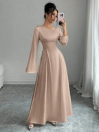 Elegant Ivory A-Line Satin Maxi Dress With Cinched Waist And Flare Sleeves