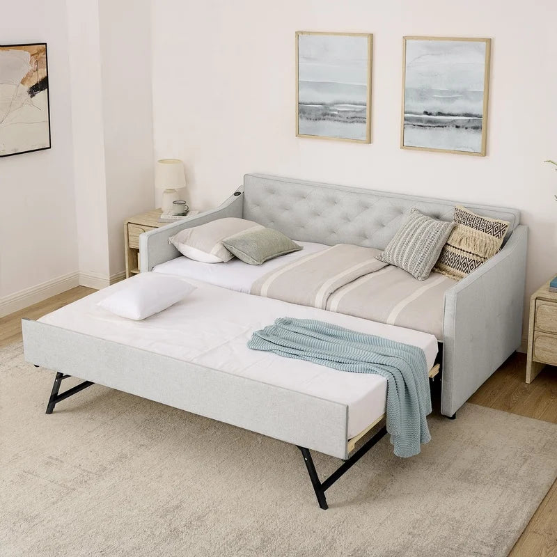 Twin Upholstered Daybed with Pop-Up Trundle and USB Charging