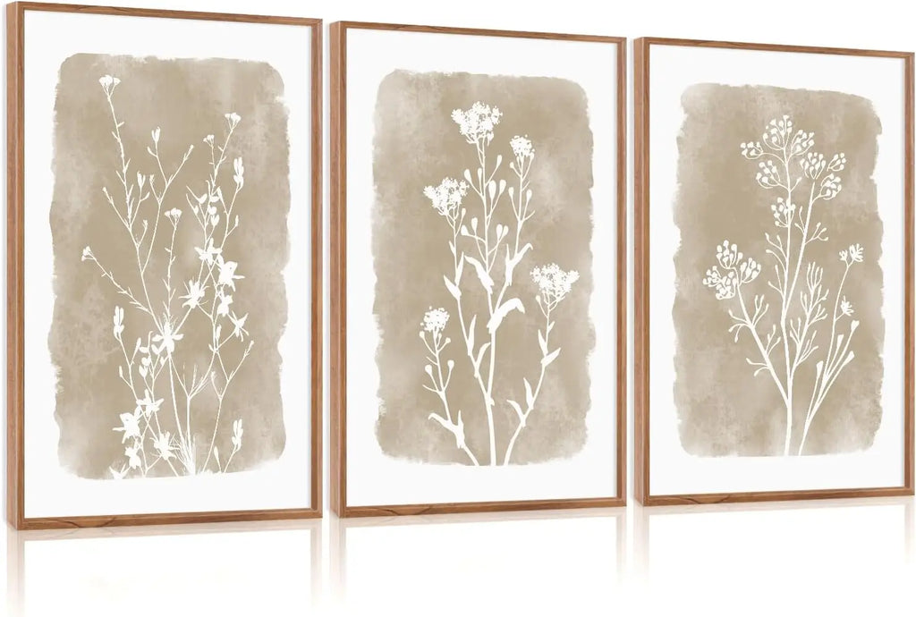 Set of 3 Framed Neutral Beige Boho Wildflower Botanical Canvas Wall Art Prints 24 X 36 Inch, Farmhouse Floral Artwork for Living Room Bedroom Above Bed Indoor Wall Decor
