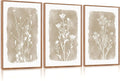 Set of 3 Framed Neutral Beige Boho Wildflower Botanical Canvas Wall Art Prints 24 X 36 Inch, Farmhouse Floral Artwork for Living Room Bedroom Above Bed Indoor Wall Decor