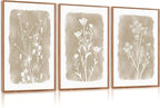 Set of 3 Framed Neutral Beige Boho Wildflower Botanical Canvas Wall Art Prints 24 X 36 Inch, Farmhouse Floral Artwork for Living Room Bedroom Above Bed Indoor Wall Decor