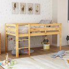 Twin Size Wood Low Loft Bed Frame with Full Length Guardrails