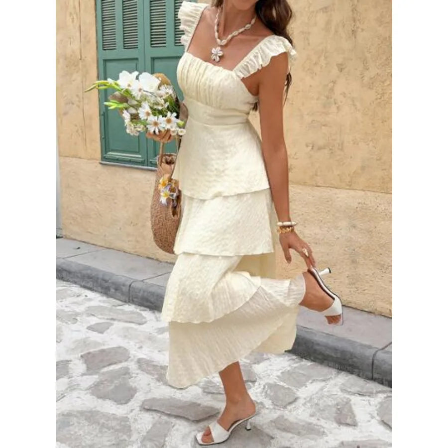 Women's French Elegant Cream White Summer Pleated Dress,Small Flying Sleeves Tropical Vacation Holiday Sundress,Tea Party Weddin