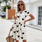 Pocket A-line Midi Dress European American Women Dress Short Sleeve Round Neck Off White Heart Print Casual Spring Summer Outfit