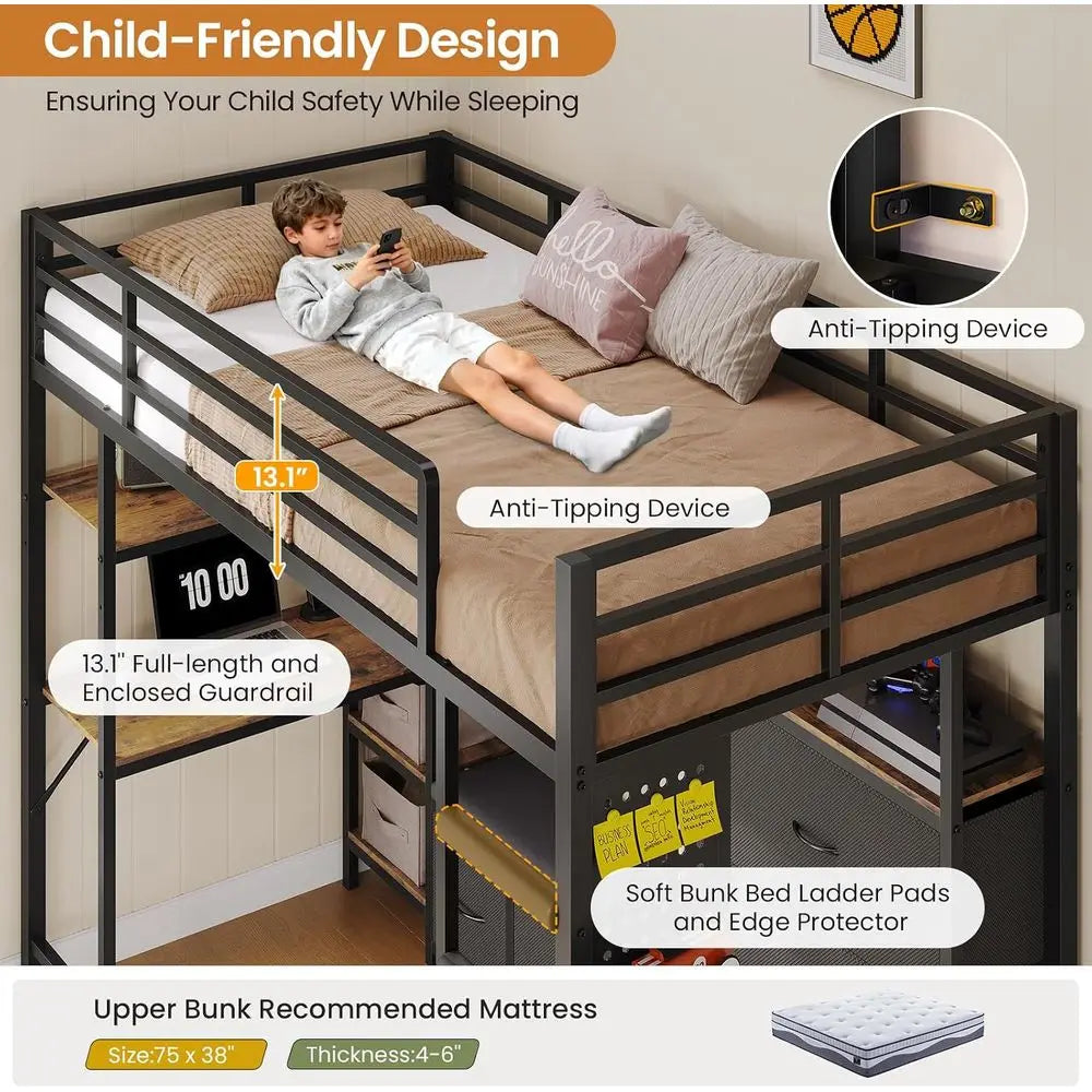 DICTAC Lot Bed Twin Size with 6 Storage Ders,Coat Rack and Open Shelves Metal Twin Lot Bed with Desk,Charging Station and LED Li