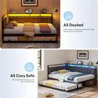 Corner Full Bed Frame with Trundle, Upholstered Storage Headboard & LED Lights, Full Size Daybed with Charging Station,, Custom