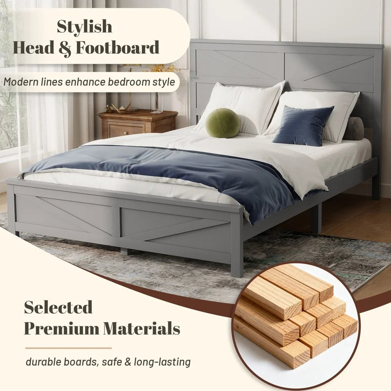 Farmhouse Queen Bed with Barn Door Headboard and Footboard, Pinewood Frame, Grey