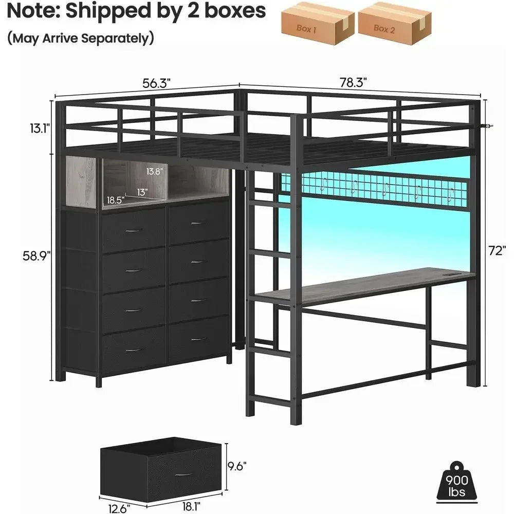 Grey Metal Loft Bed with Desk, 8 Drawers, LED Lights, Power Outlet, Shelves, and Clothing Rack