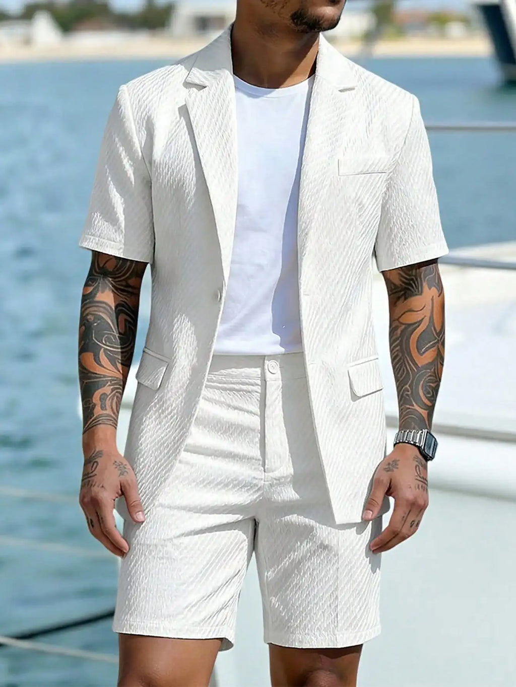 2pcs Men's Short Sleeve Suit Jacket And Shorts Set, Casual And Fashionable Daily Wear, Suitable As Gift For Male Friends