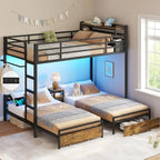 Triple Bunk Bed with Storage Drawers and Charging Station, Twin Over Twin Metal, 3 Beds, Guardrails, Ladder, No Box Spring, Blac