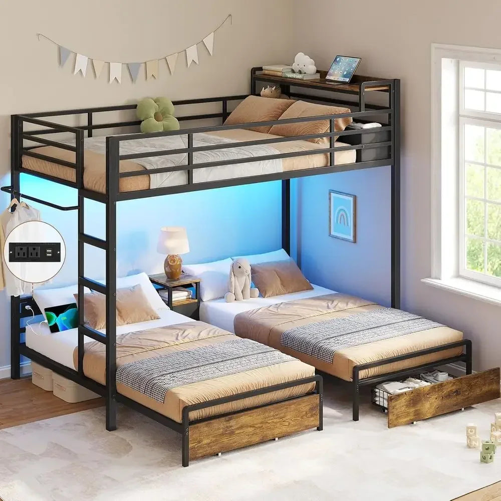 Triple Bunk Bed with Storage Drawers and Charging Station, Twin Over Twin Metal, 3 Beds, Guardrails, Ladder, No Box Spring, Blac