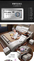 Genuine Leather Bed Frame with Massager, Storage, Safe, Speaker & LED Light, Soft Bed for Bedroom Furniture