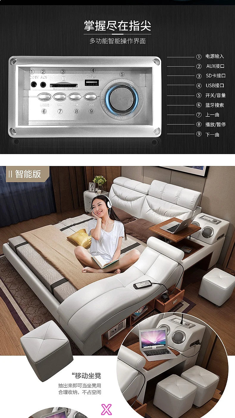 Genuine Leather Bed Frame with Massager, Storage, Safe, Speaker & LED Light, Soft Bed for Bedroom Furniture