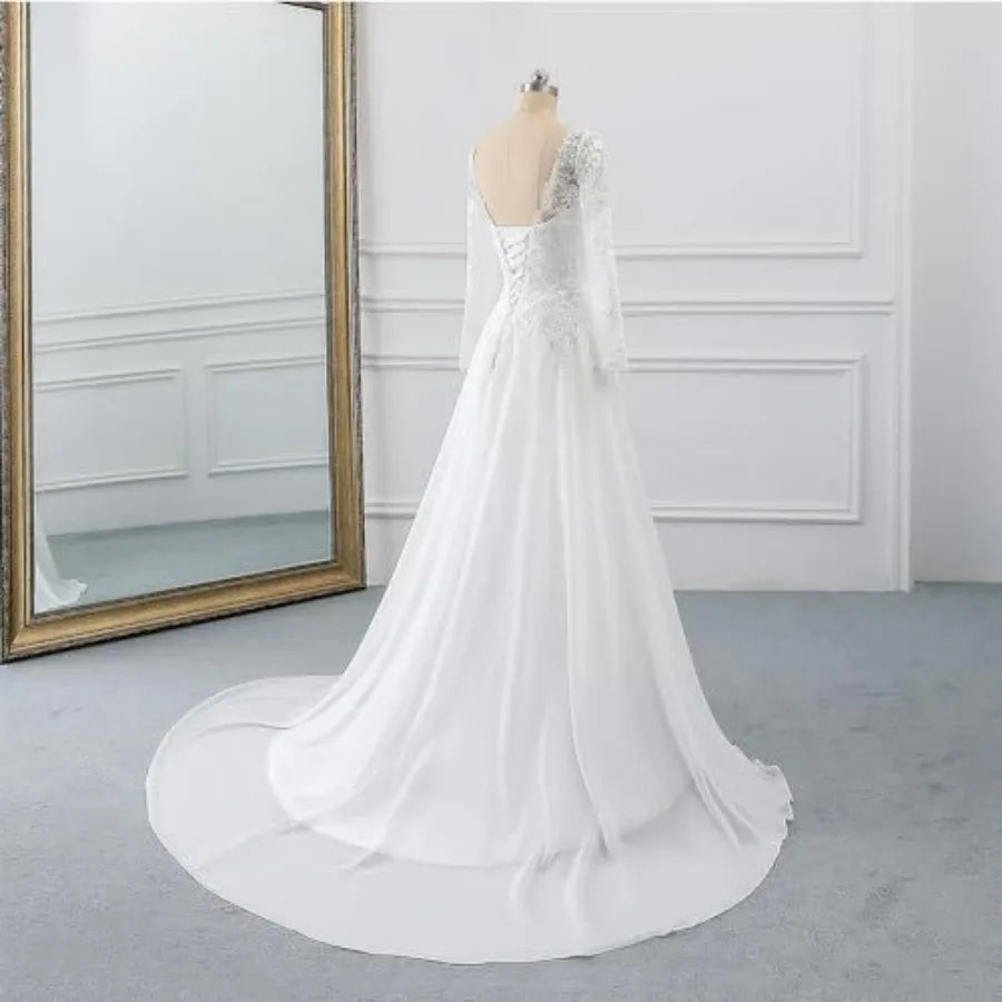Findlovewedding Wedding Dresses for Bride with Lace Appliques Chiffon A Line Women Dress Long Sleeves Beach Bride Dress