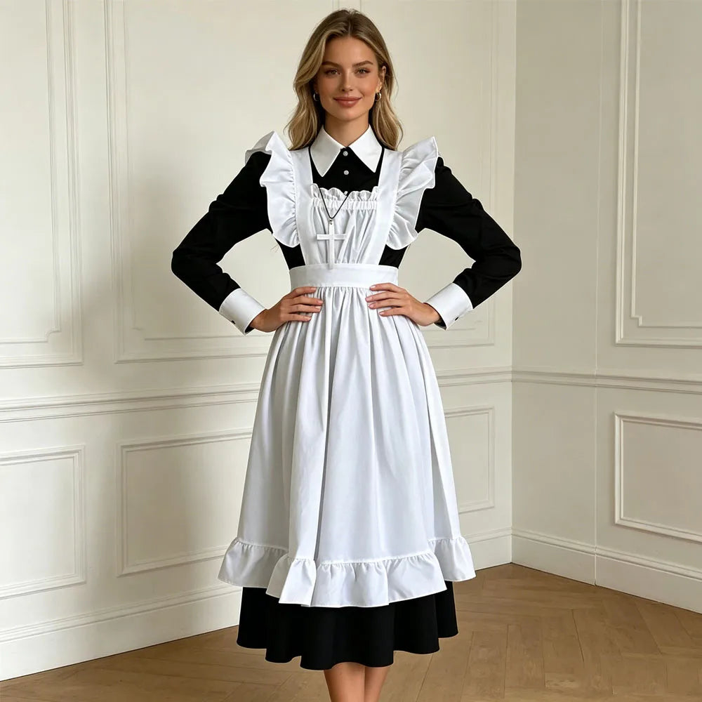 Women Gothic Nun Maid Cosplay Costume Long Sleeve Black Dress White Ruffle Apron Cross Pendant Vintage Victorian Lolita Outfit Halloween Carnival Cafe Waitress Uniform