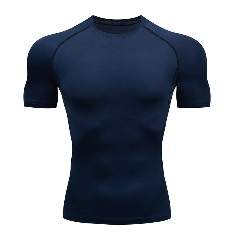 Summer Men Athletic Tight Short Sleeve Compression T Shirt Elastic Polyester Quick Dry Breathable Running Fitness Training Base Top