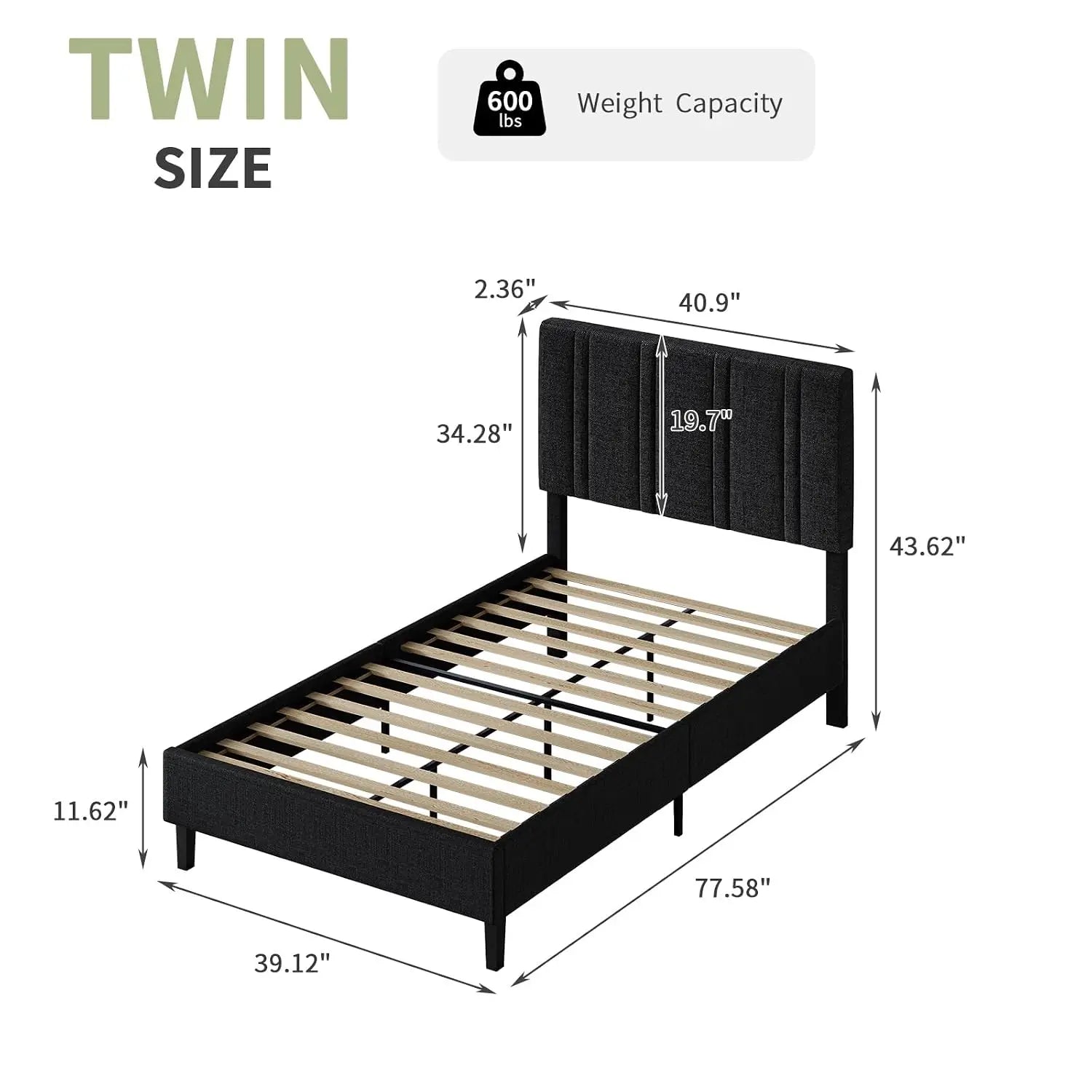 Twin Bed Frame with Adjustable Upholstered Headboard, Linen Fabric Platform Bed with Heavy Duty Wood Slats, Noise-Free,, Custom