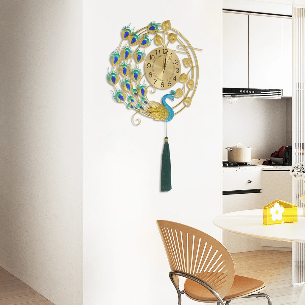 Luxury Large Peacock Wall Clock Silent Quartz Golden Blue Art Decor for Living Room Bedroom Office Unique Gift Home Kitchen Cafe Bar Resin Metal 58cm