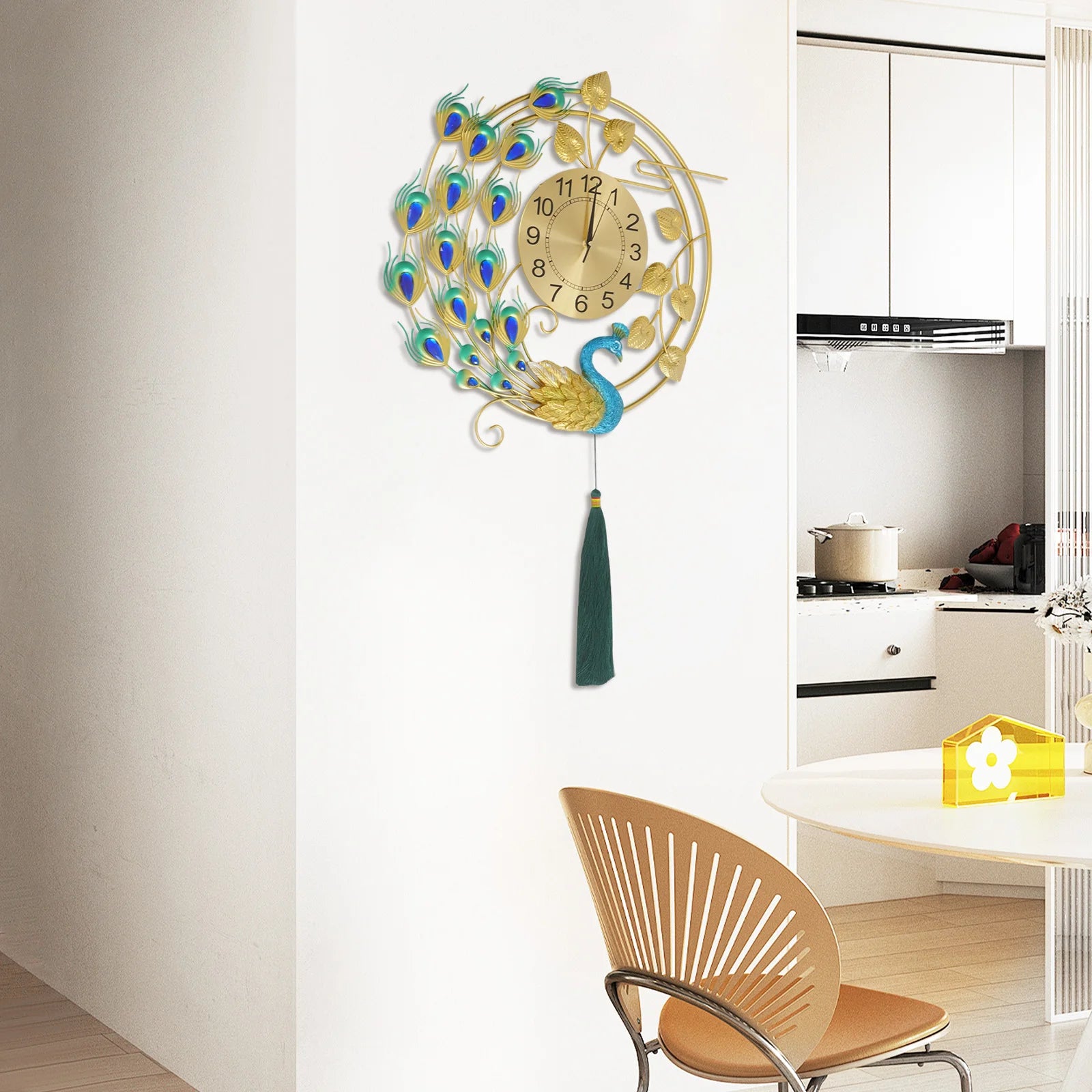 Luxury Large Peacock Wall Clock Silent Quartz Golden Blue Art Decor for Living Room Bedroom Office Unique Gift Home Kitchen Cafe Bar Resin Metal 58cm