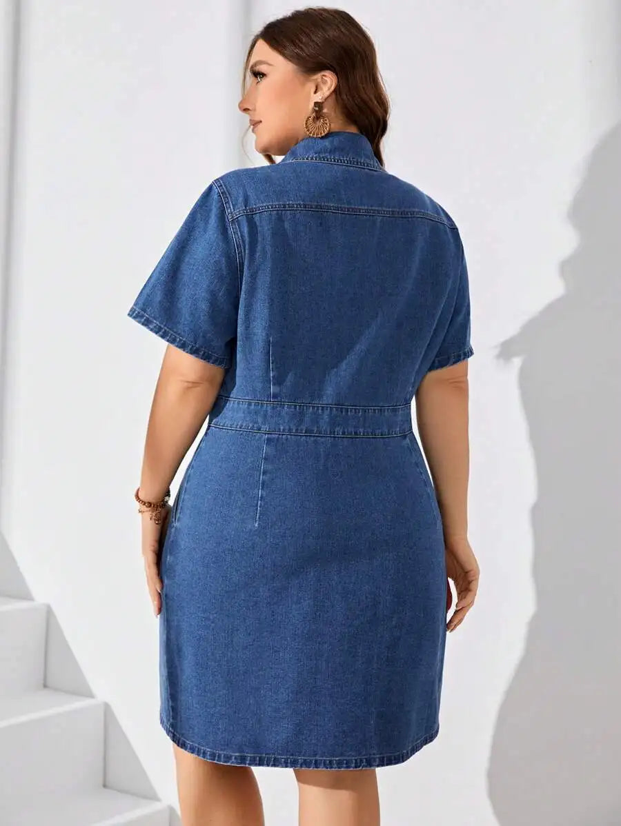 Plus Size Button-Down Casual Short Sleeve Denim Dress