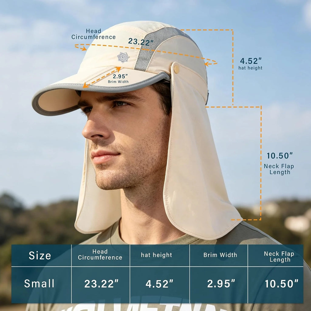 Quick Dry Breathable Sun Hat With Detachable Neck Flap Foldable UPF50+ UV Protection Wide Brim Fishing Baseball Cap For Travel Camping Cycling