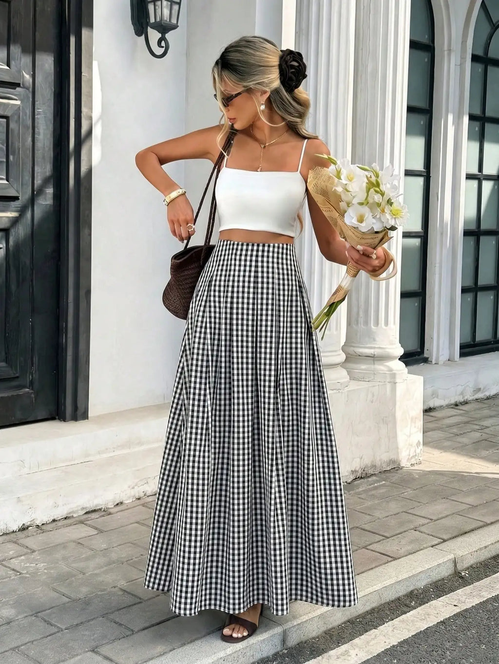 Pariaura 1960s Vintage Black And White Checkered High Waist Maxi Skirt,Summer Holiday Vacation Elegant Pleated A-Line Hem Draped French Gingham Chic Skirt